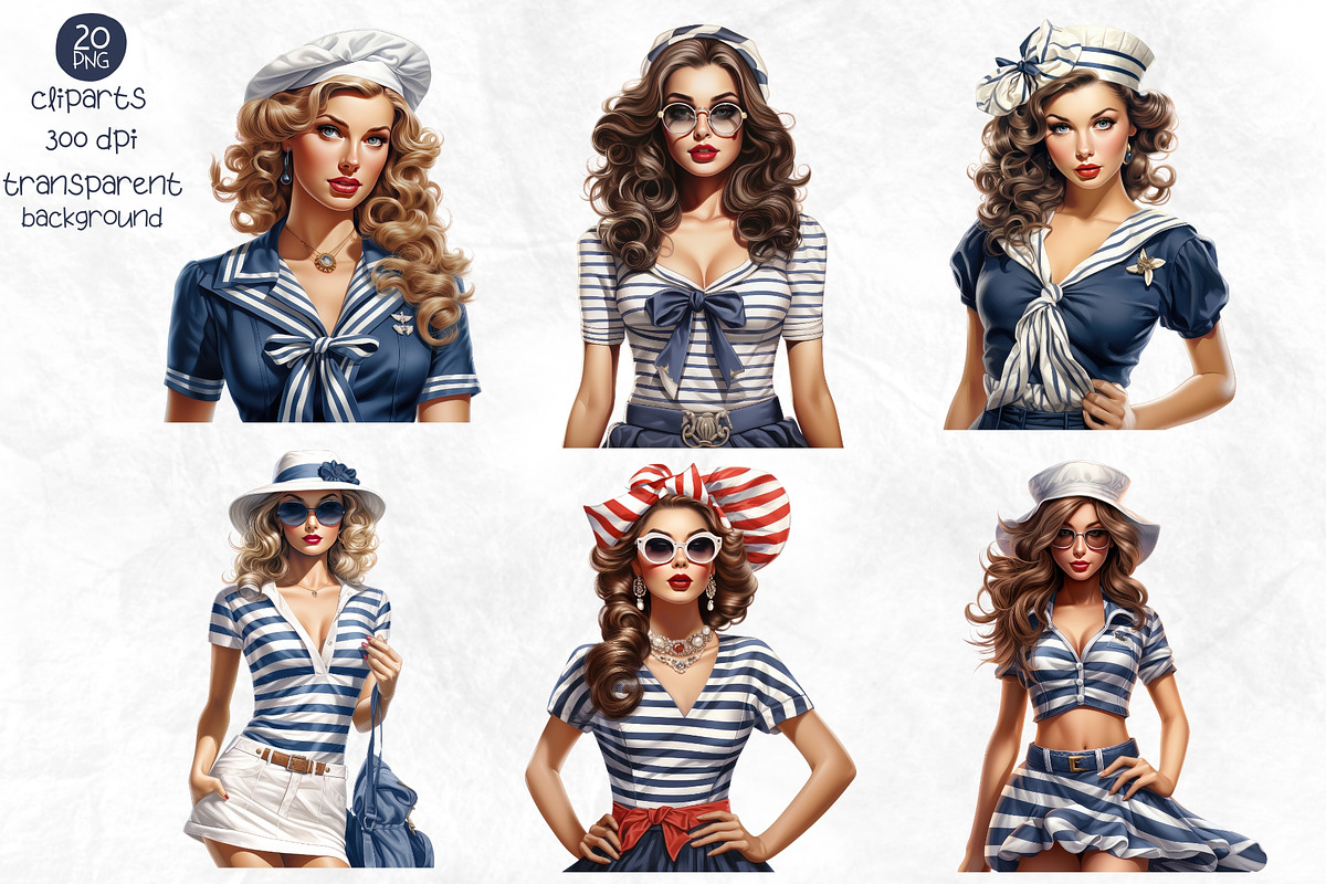 Nautical Pin Up Girl Watercolor PNG, a Person Illustration by Maysa Art