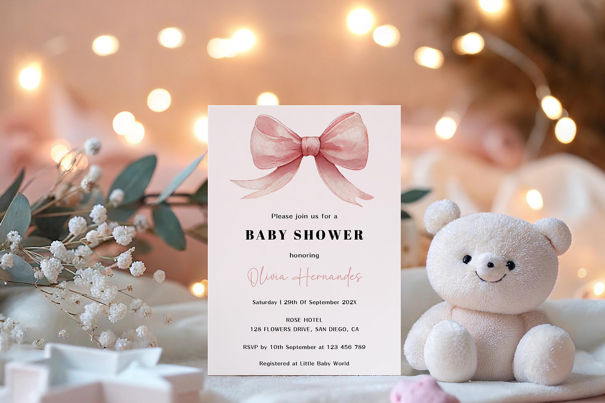 Pink Bow Baby Shower Invitation, an Invitation Template by LucaTheme (Photo 2 of 5)