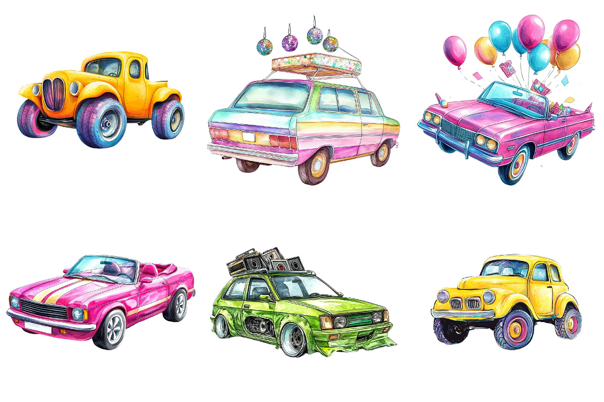90s Retro Colorful Car Clipart Bundl, an Illustration by Watercolor design (Photo 4 of 5)