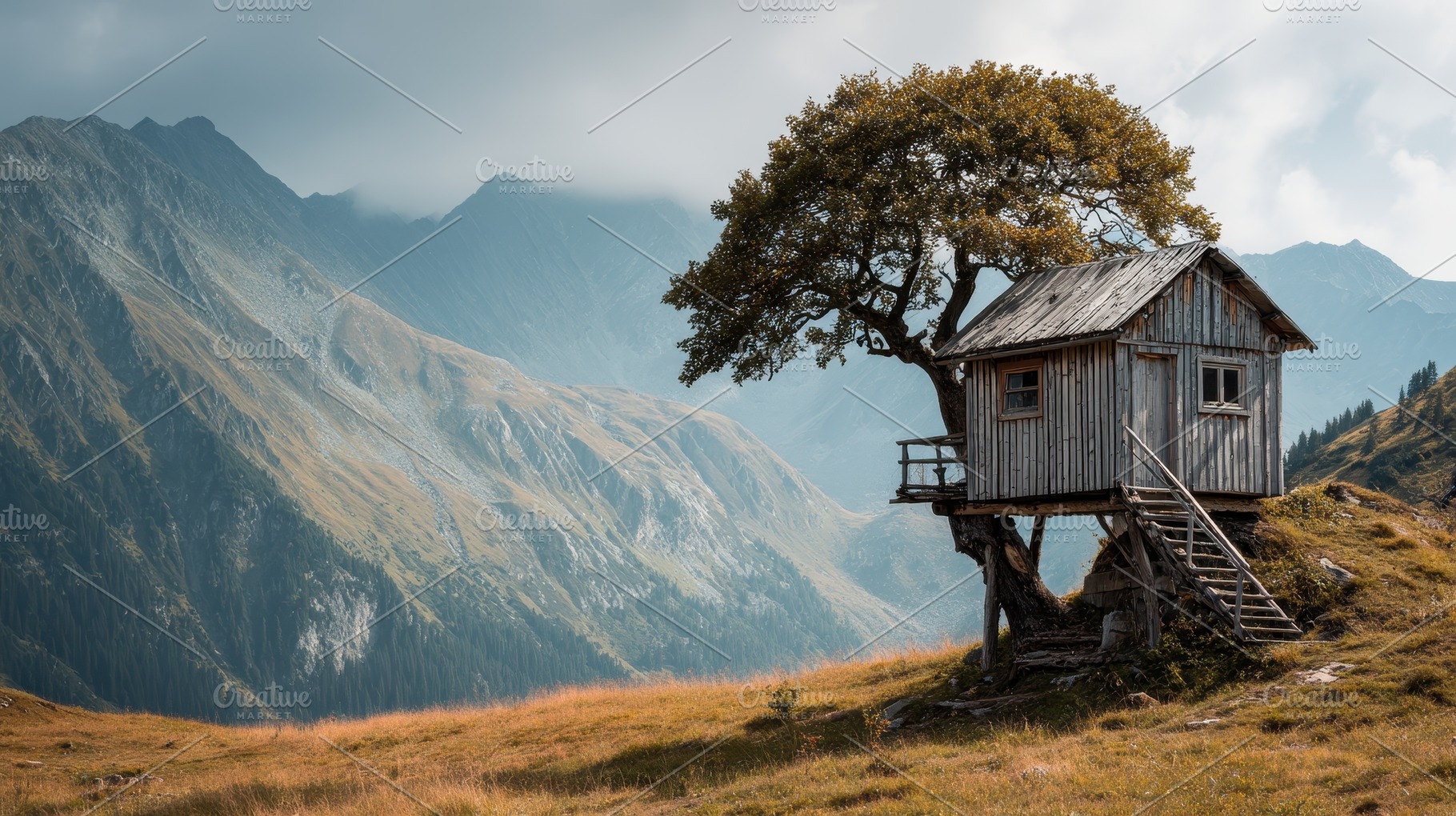 Wooden house perched on tree, a Photo by Pavel_design