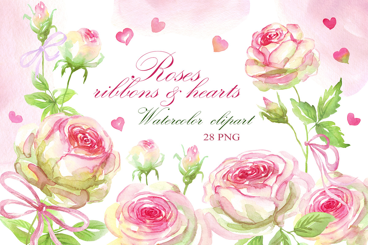 Roses watercolor clipart PNG hearts, an Illustration by Alena Kurian (Photo 1 of 3)