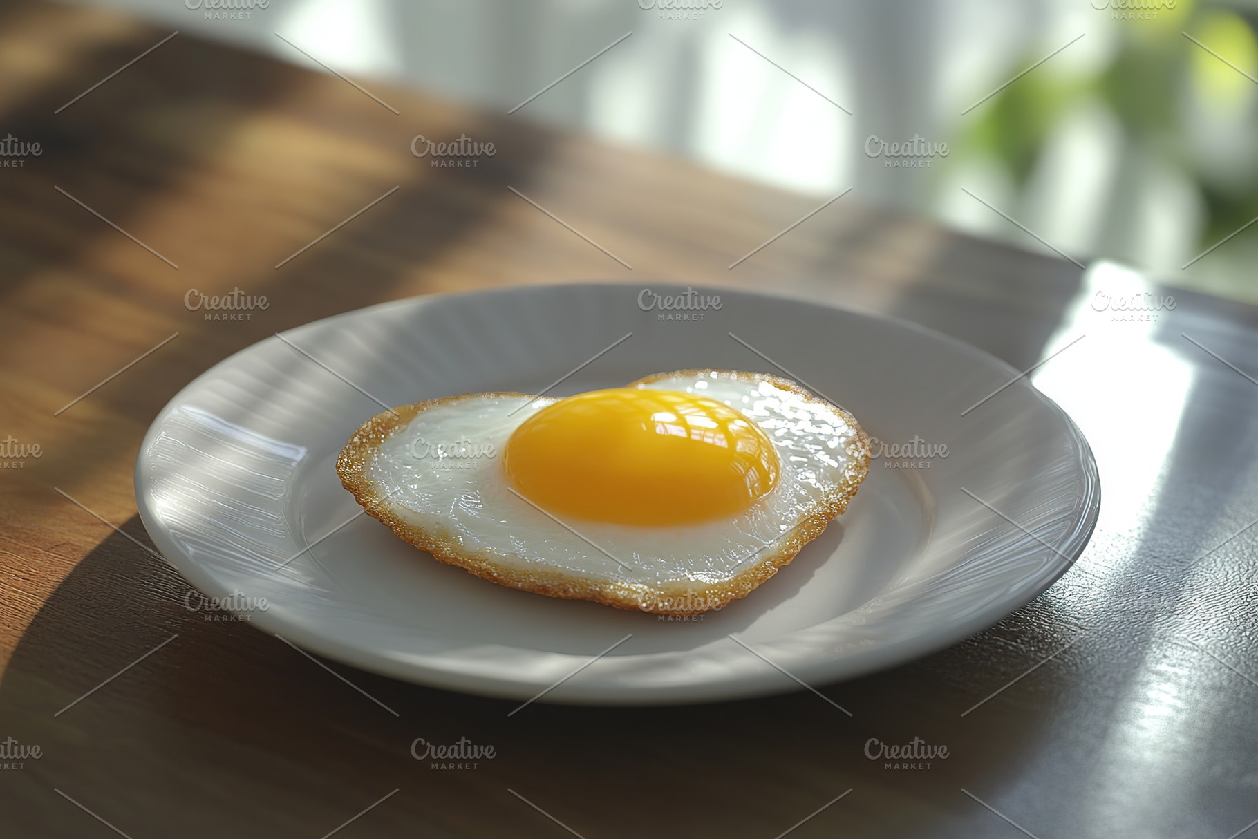 Heart-shaped fried egg on a ceramic plate illuminated by soft sunlight indoors, a Food & Drink Photo by AlyaAnd