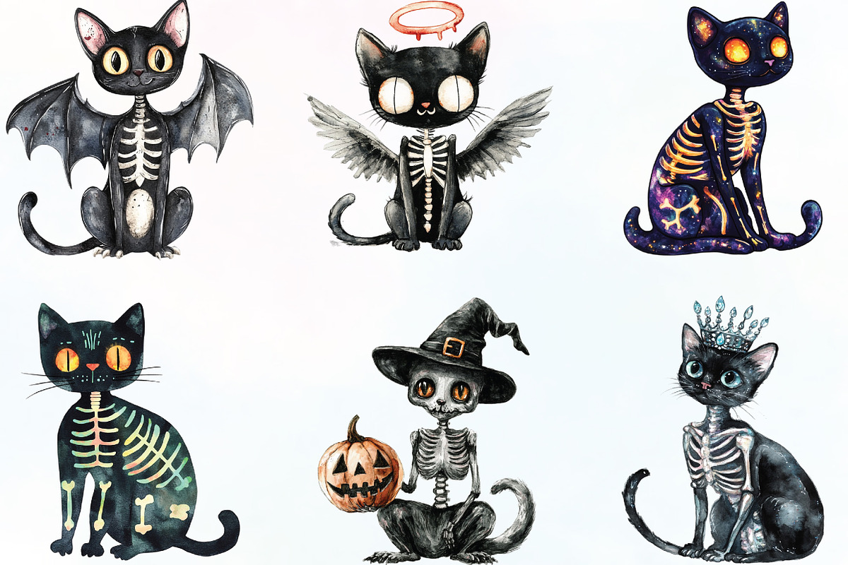 Skeleton Black Cat Clipart, an Illustration by CraftArtStudio (Photo 2 of 6)