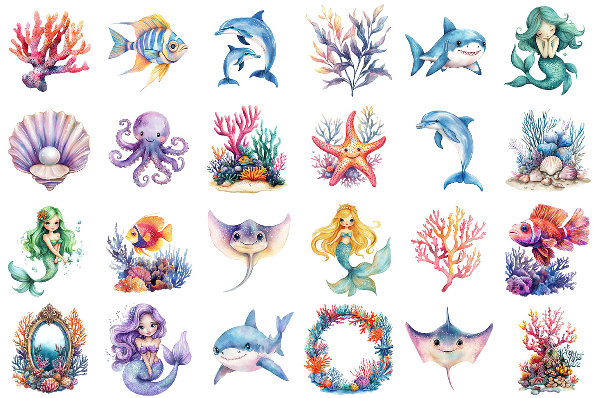 Cute sea world Mermaid clipart, an Illustration by designcity5 (Photo 2 of 5)