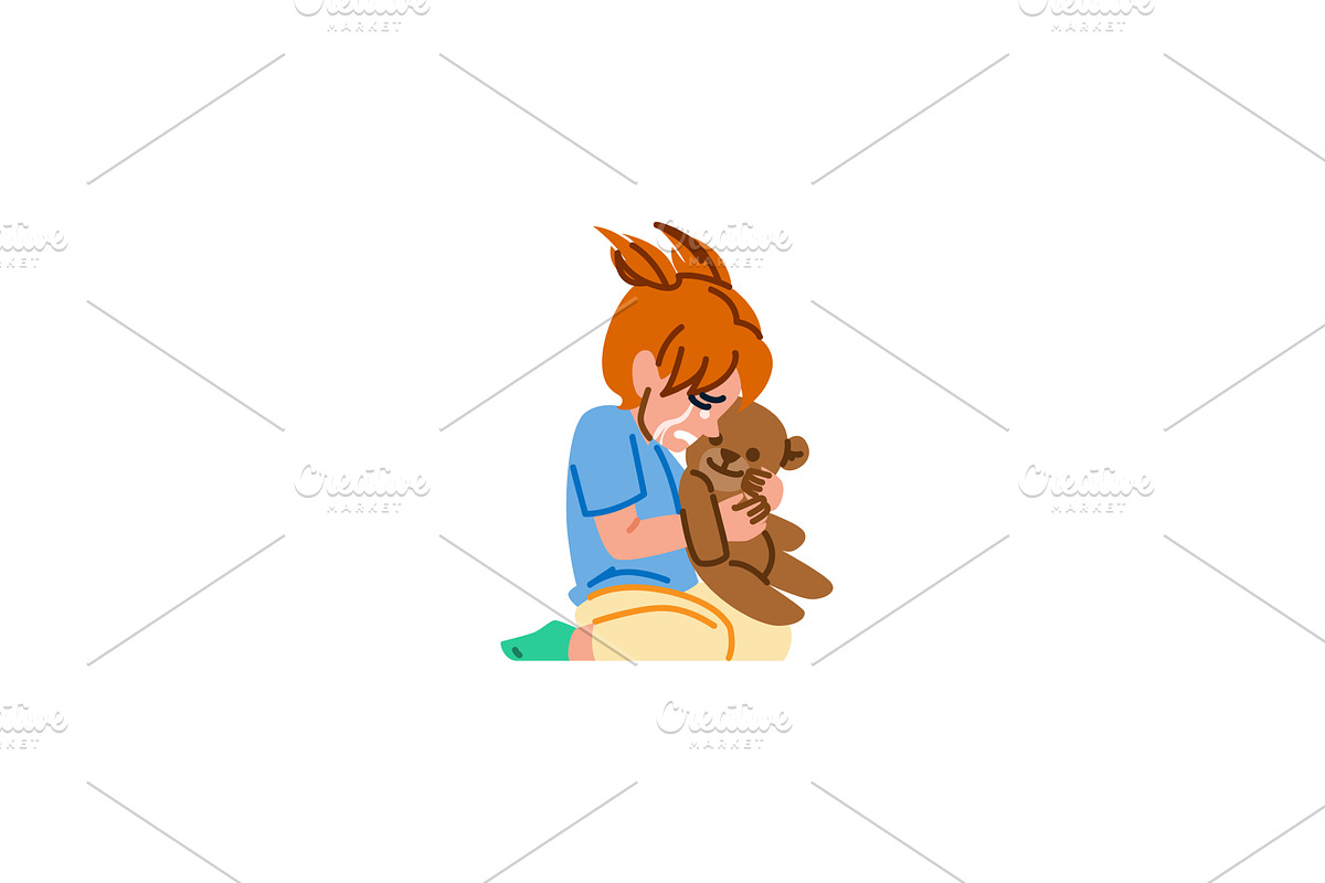 Sad child hugging teddy bear while, an Animal Illustration by pikepicture