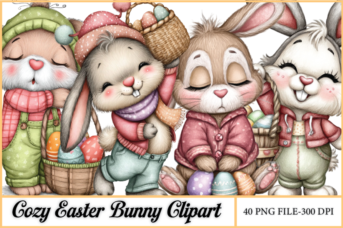 Cozy Easter Bunny Clipart, a Seasonal Illustration by HueNestify (Photo 1 of 3)
