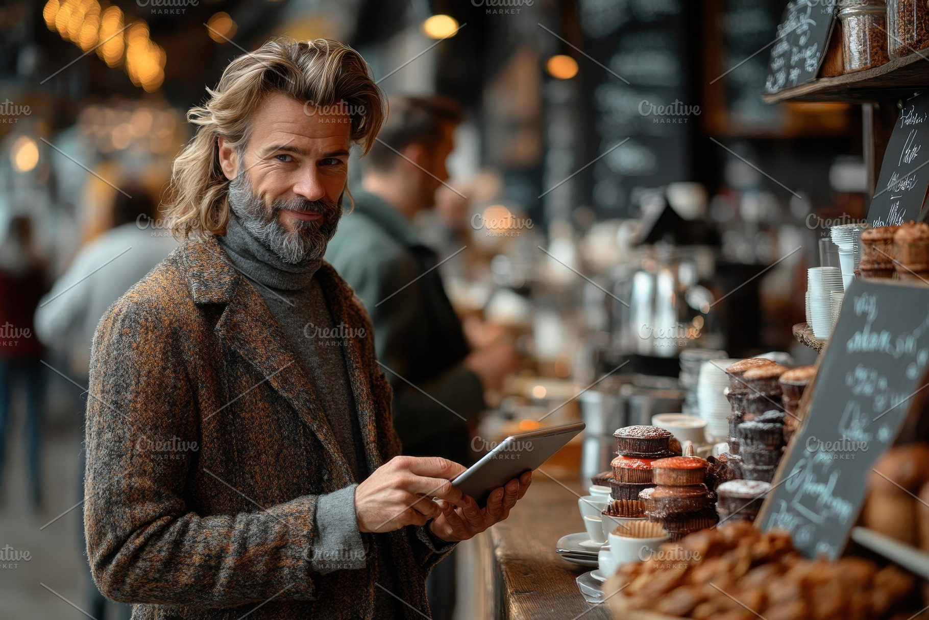 Man with long hair engages with tabl, a Photo by Tanuart
