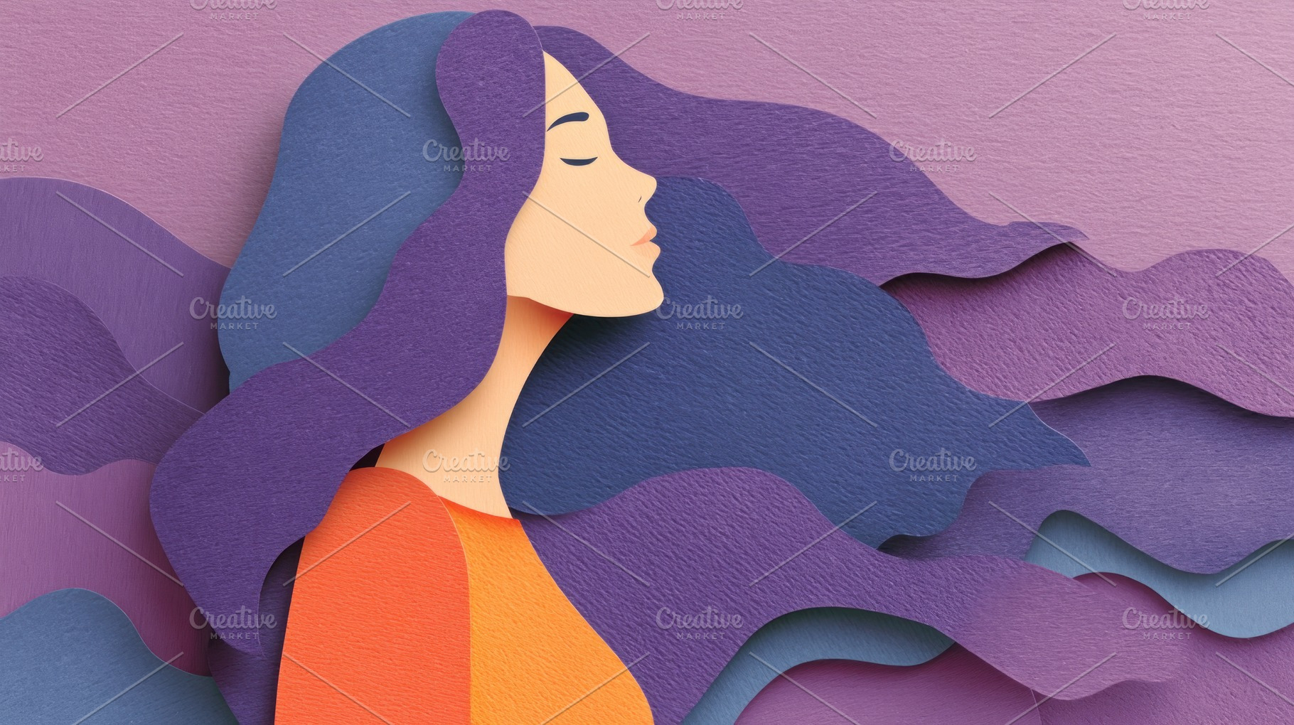 Paper cut style illustration of a serene woman with flowing purp, a Photo by José Manuel Gelpi