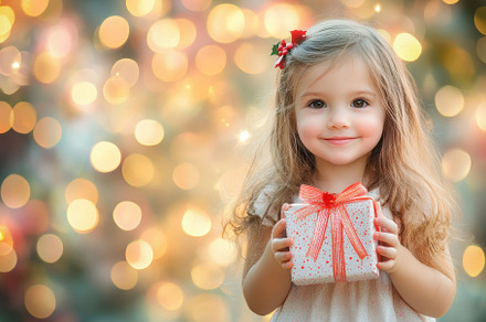 Little girl holding a gift box with, a Photo by Iftikhar Alam