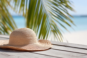 A straw sun hat rests on a wooden, a Nature Photo by MistyDay