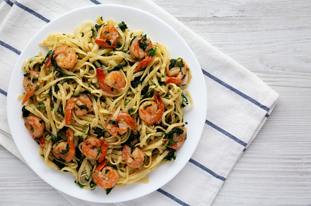 Homemade One-Pot Lemon Garlic Shrimp Pasta on a Plate on a white, a Food & Drink Photo by LiudmylaChuhunova