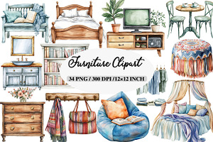 Watercolor Furniture Clipart Bundle, an Illustration by Daily.Designs