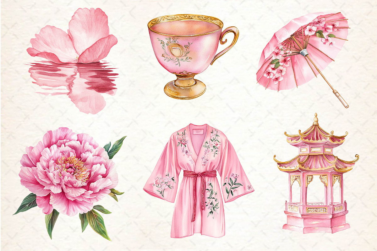 Pink Chinoiserie Summer Clipart, an Illustration by Dream Creation (Photo 4 of 6)