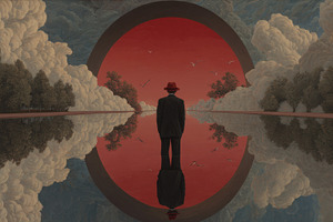 Man stands by water under red sky, a Photo by Beautiful things