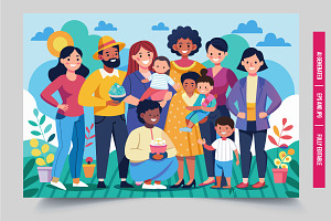 Diverse family group park sunny, an Illustration by Tanuart
