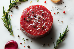 Delicious fresh raw ground beef burg, a Food & Drink Photo by Pixeness Studio