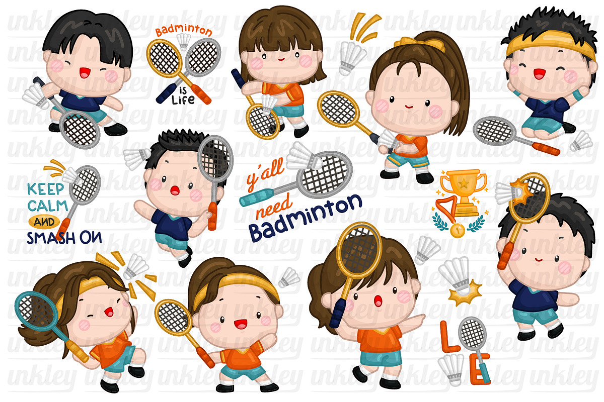 Badminton Clipart - Cute Sports, a Sport Illustration by Inkley Studio