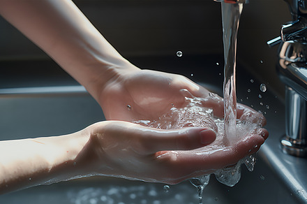 Woman washing, cleaning hands using soap under warm water in bathroom, a Health & Medical Photo by Lenor4ik