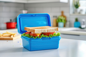 School lunch box with tasty sandwiches on kitchen table, a Food & Drink Photo by AlyaAnd