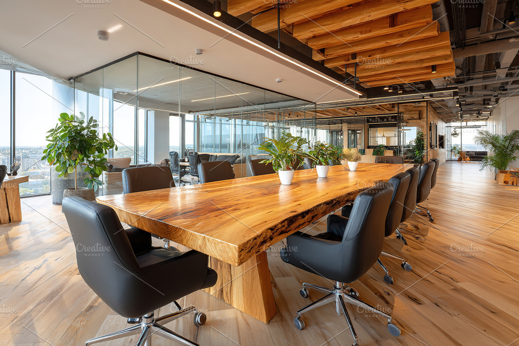 Modern conference room with wooden table and panoramic city views during daylig, an Abstract Photo by AlyaAnd