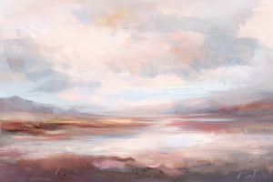 Abstract landscape painting depicting cloudy sky over tranquil l, a Decorative Illustration by Studio ANNA