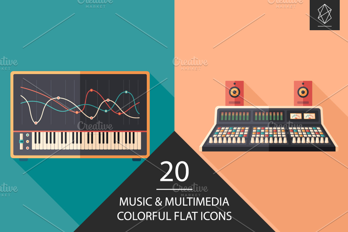 Music and multimedia flat icon set