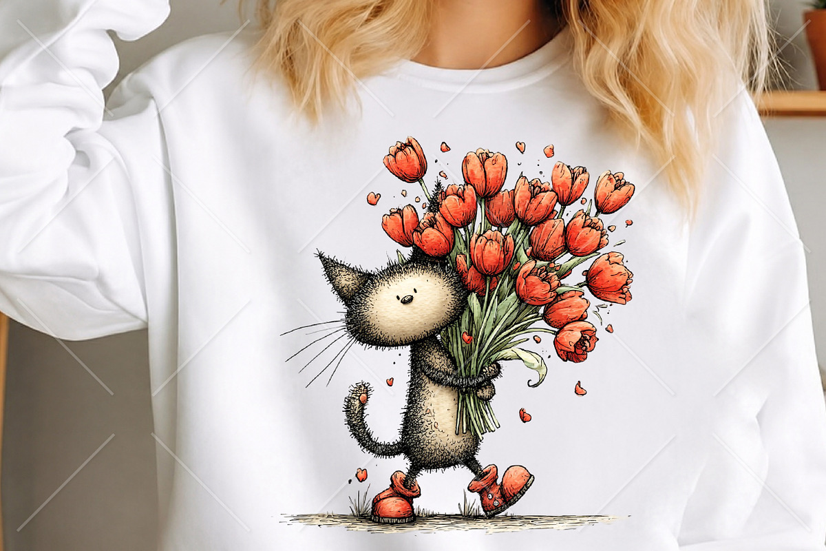 Whimsical Cat Tulips Drawing Clipart, a Seasonal Illustration by Canvas Craft (Photo 5 of 10)