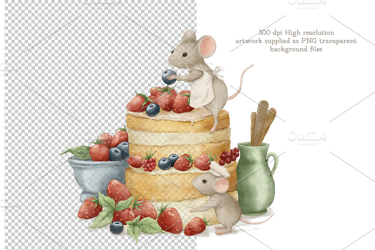 Mice and Birthday Cake Clipart&Card, an Illustration by AlenaVlasko stock Market (Photo 3 of 5)