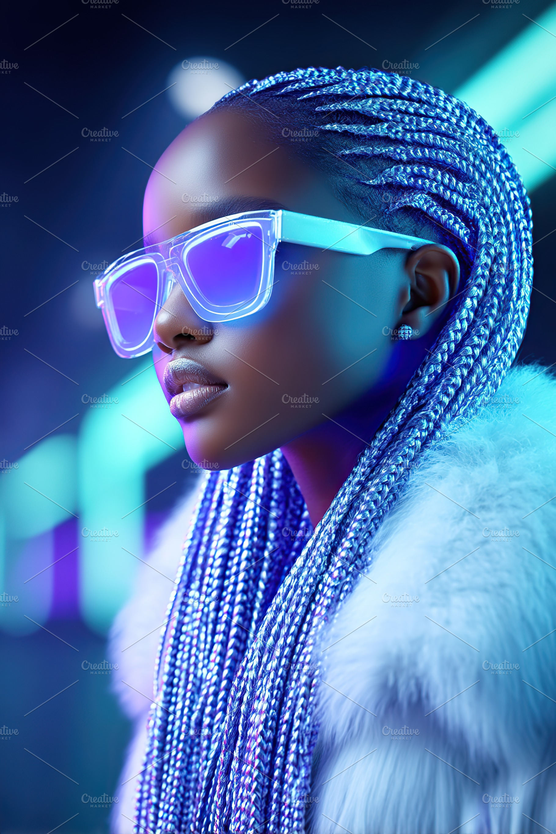 Young African woman with vibrant braids and stylish sunglasses in colorful urba, a Person Photo by AlyaAnd