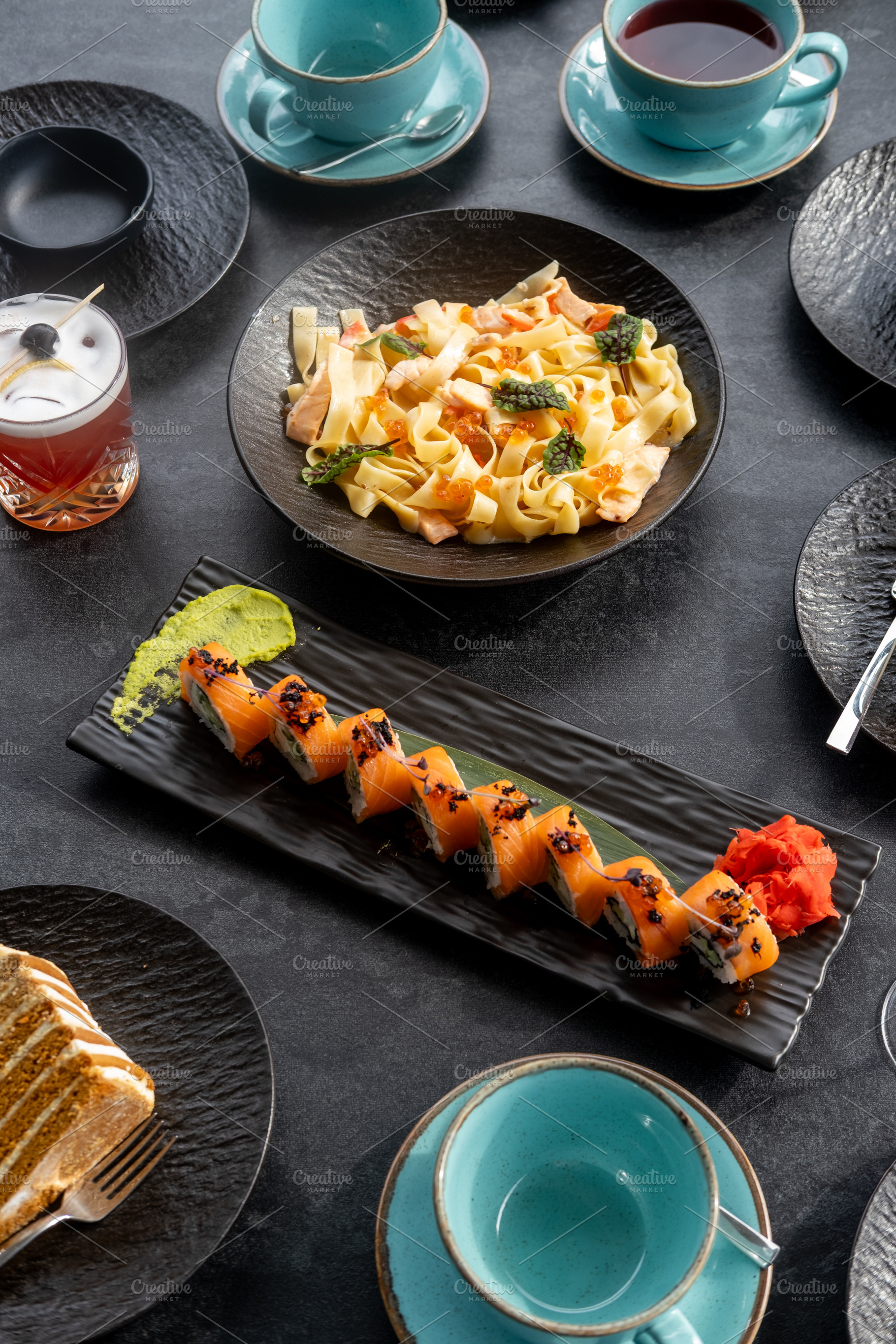 Cafeteria lunch menu mix sushi pasta drink dessert, a Food & Drink Photo by Photo Drive Studio