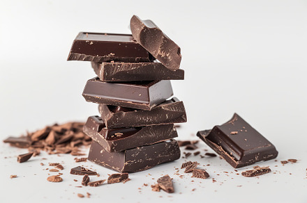Black chocolate pieces on white background, a Food & Drink Photo by AlyaAnd
