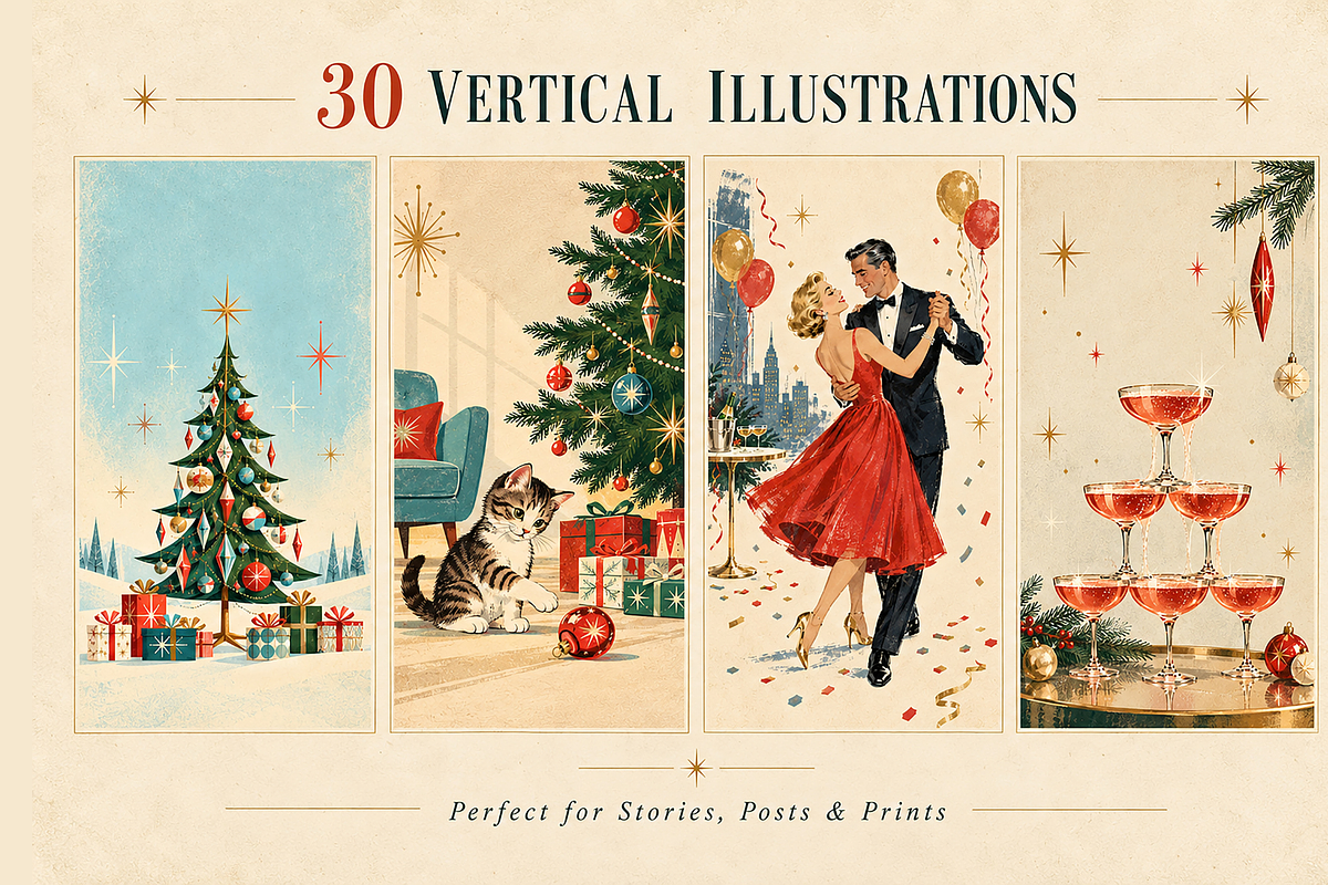Retro Christmas Illustrations, a Seasonal Illustration by MarisoArt (Photo 4 of 6)