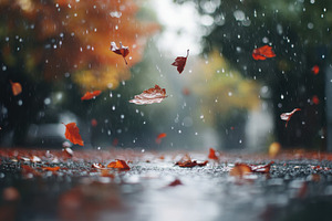 Falling leaves and rain on a street, a Photo by Beautiful things