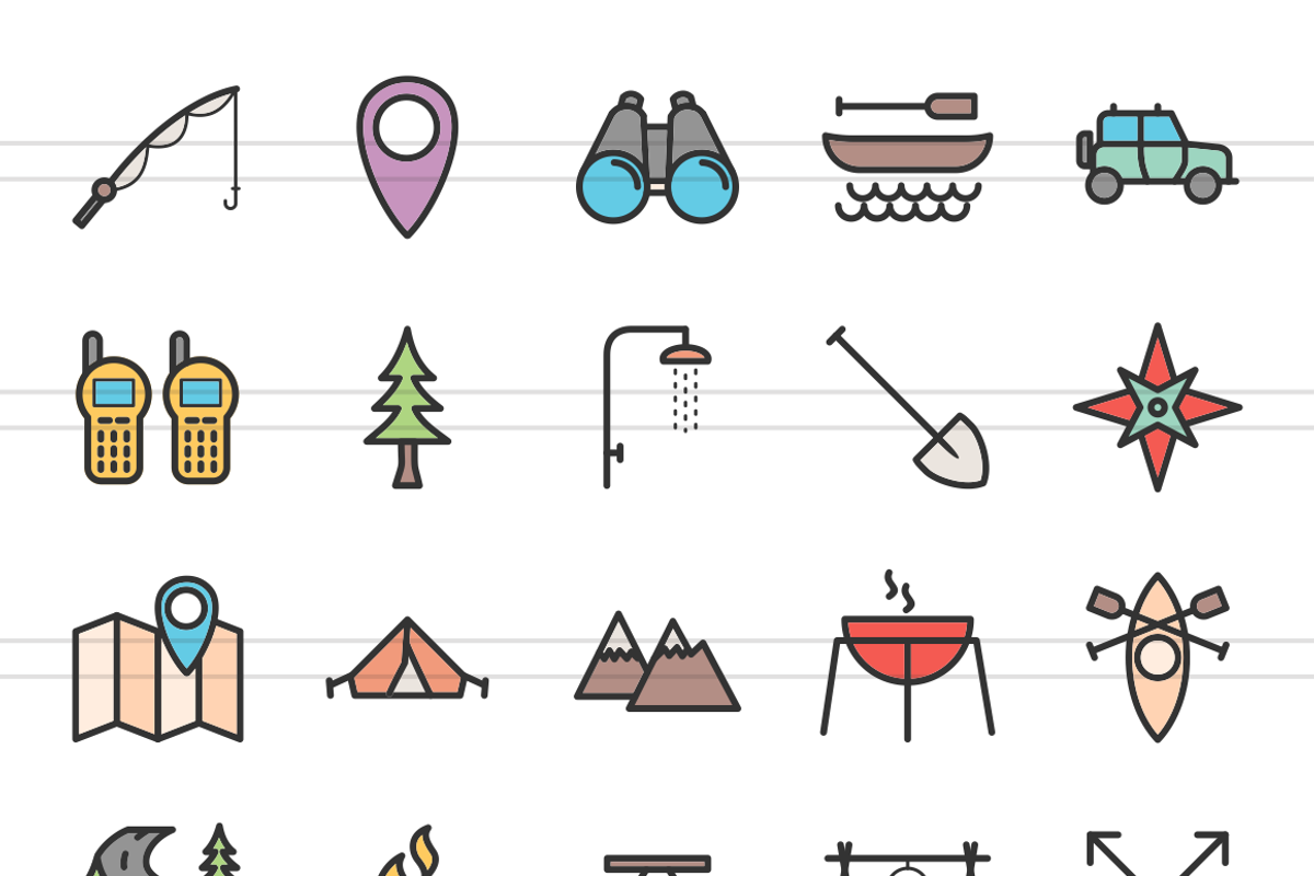 50 Camping Line Filled Icons, an Outline Icon by IconBunny