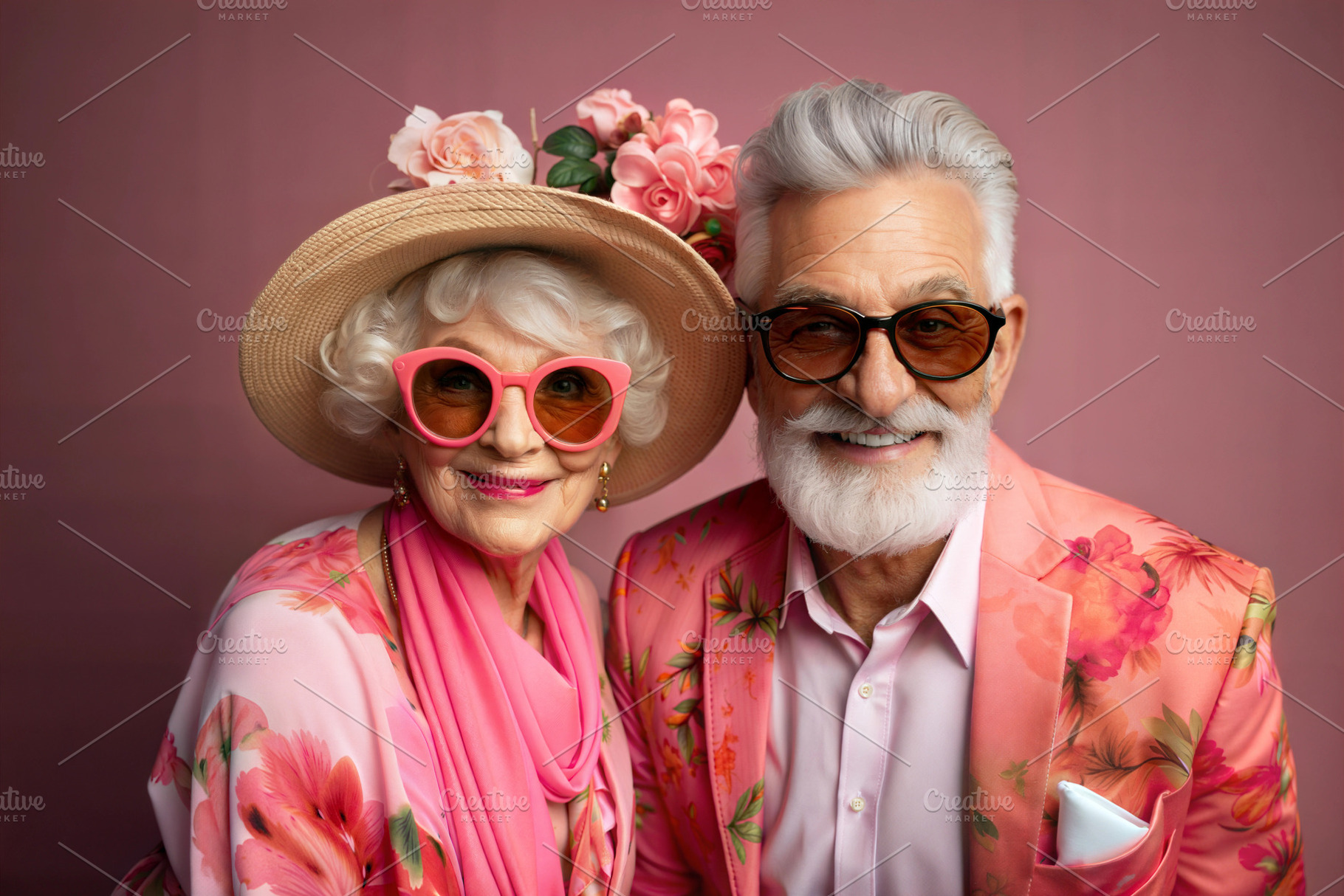 Elderly couple in floral attire and sunglasses against pink back, a Person Photo by ImageMir