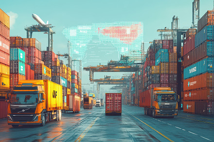 Cargo Trucks at a Busy Port Digital, a Background Photo by Pixeness