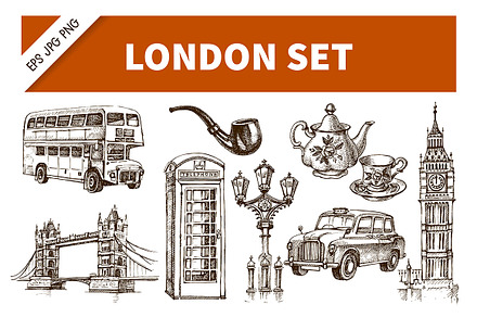 England London Sketch Vector Set