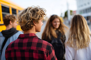 A group of teenagers walking away from a yellow school bus, showcasing a carefr, a Business Photo by ImageMir