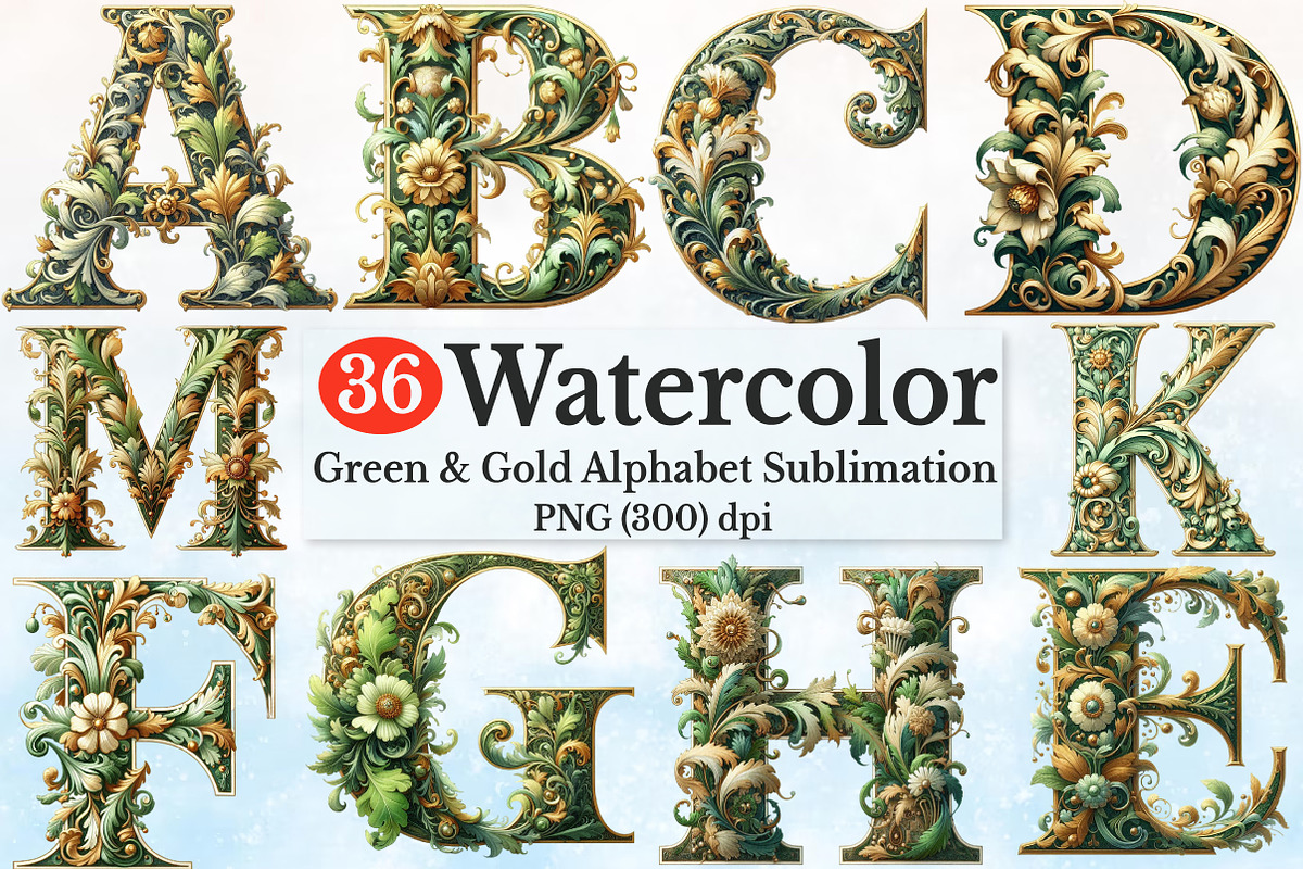 Watercolor Green & Gold Alphabet Cl, a Seasonal Illustration by Rose Art (Photo 1 of 5)