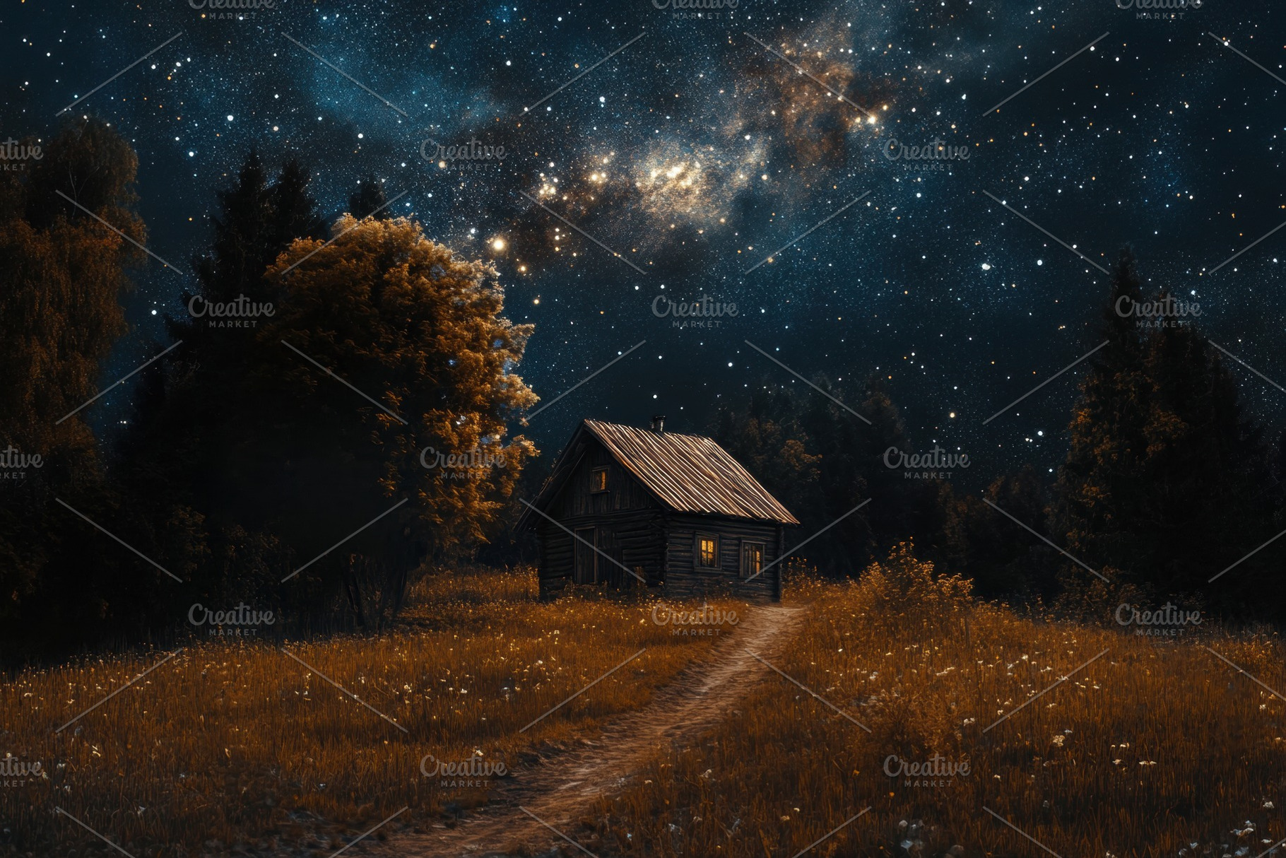 Cabin under the starry night sky, a Photo by Pavel_design