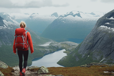 Woman hiker with backpack hiking in Norway mountains. Travel and, a Person Photo by AS photostudio