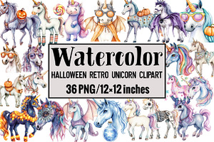 Halloween Retro Unicorn Clipart, an Illustration by Design Market
