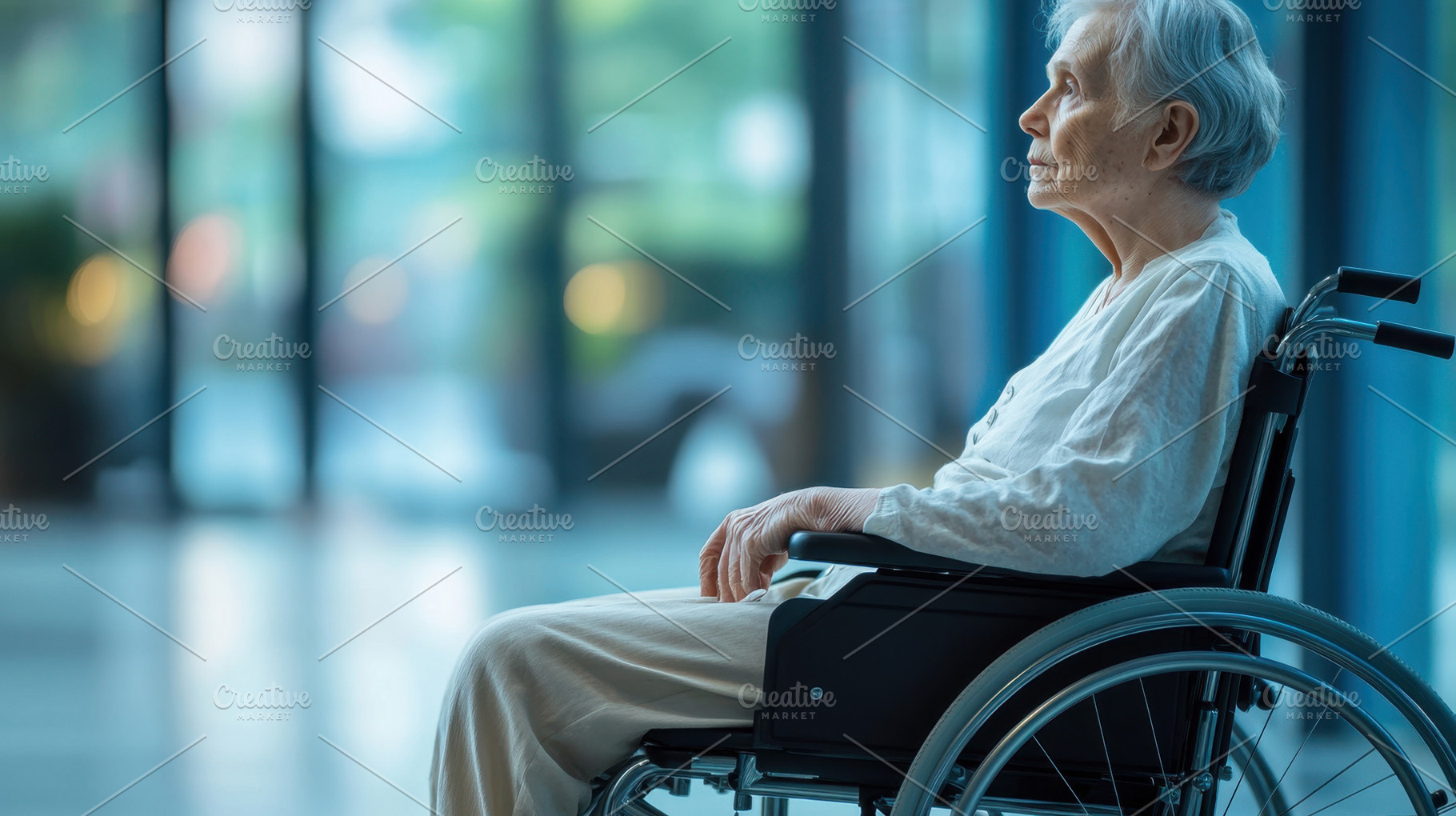 Elderly woman in wheelchair indoors, a Photo by Beautiful things