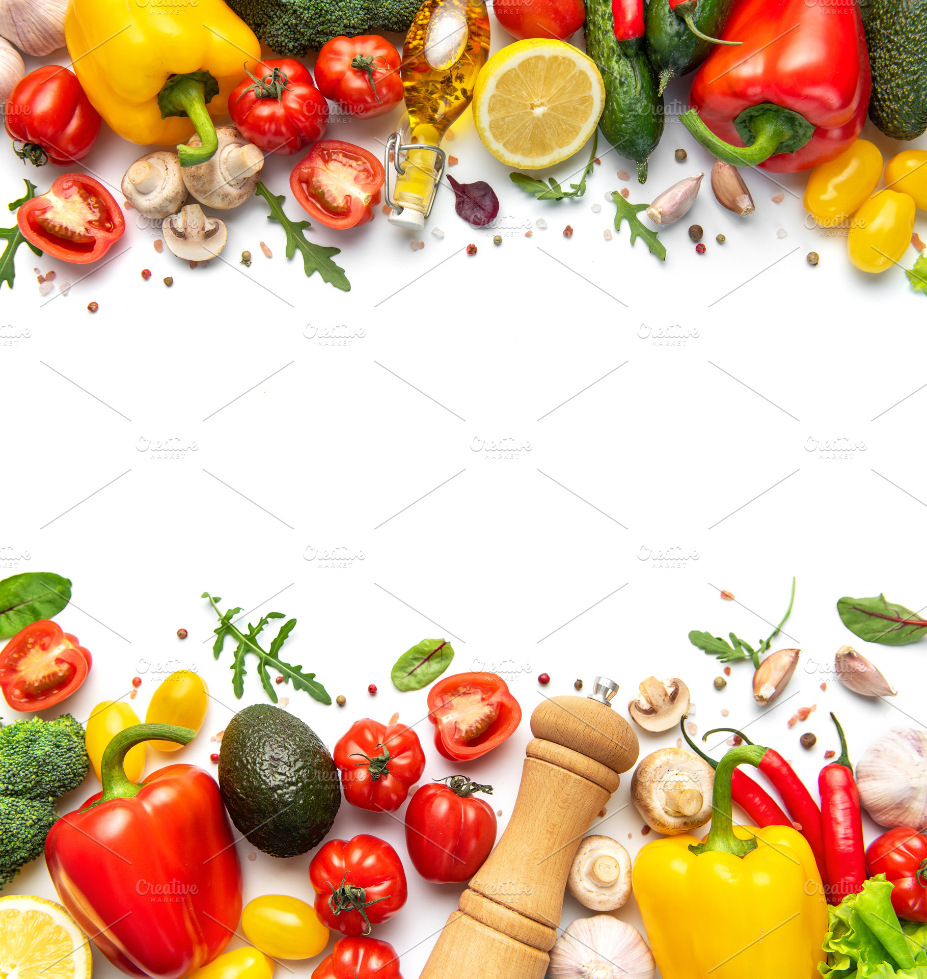 Fresh vegetables forming a food border on white, a Food & Drink Photo by Olena Rudo