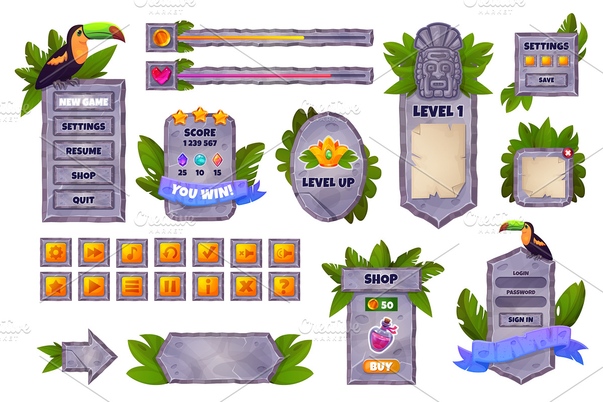 Jungle game interface. Stones rock, an Illustration by Stock-Smart-Start