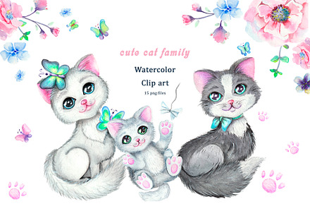 Watercolor clipart fluffy cats