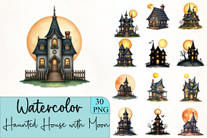 Haunted House with Moon Clipart, an Illustration by CrexoraLab