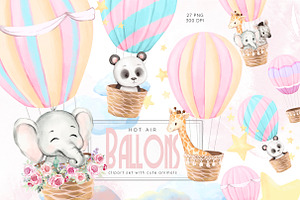 Hot Air Balloons Watercolor Animals