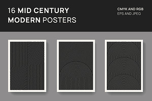 16 Mid Century Modern Black Posters.