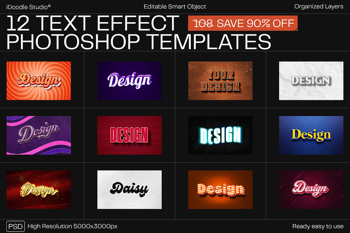 12 Text Effect Templates, a Layer Style Add-On by iDoodle Studio (Photo 1 of 6)